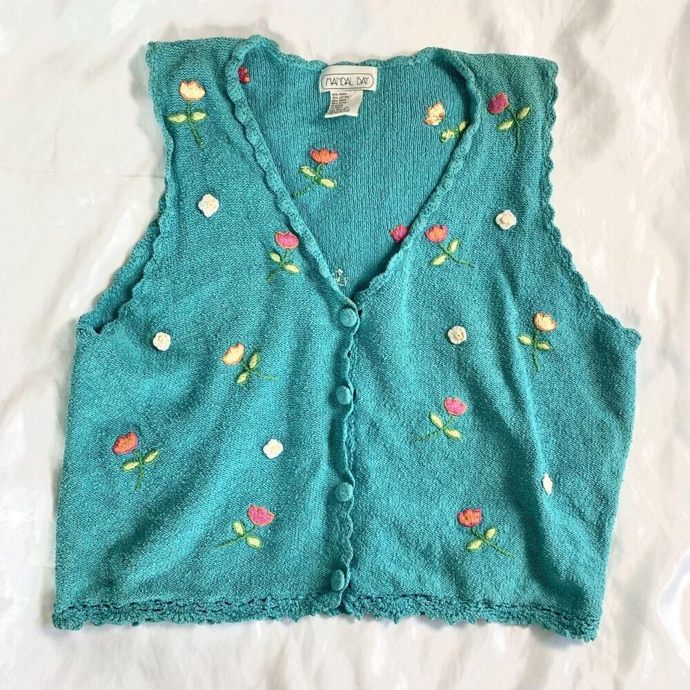 Coquette Cottage Core Tulip Flower Embroidered Knit Vest Mandala Bay XL Cotton